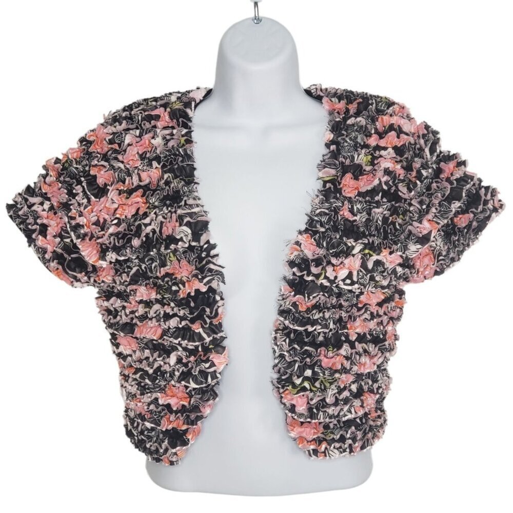 VTG Michael Simon Floral Textured Ruffle Crop Jacket Shrug Pink Black Size‎ S